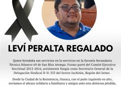 SECCIÓN 22 EXIJE JUSTICIA Y CONDENA ASESINATO DEL PROFRESOR LEVÍ PERALTA REGALADO